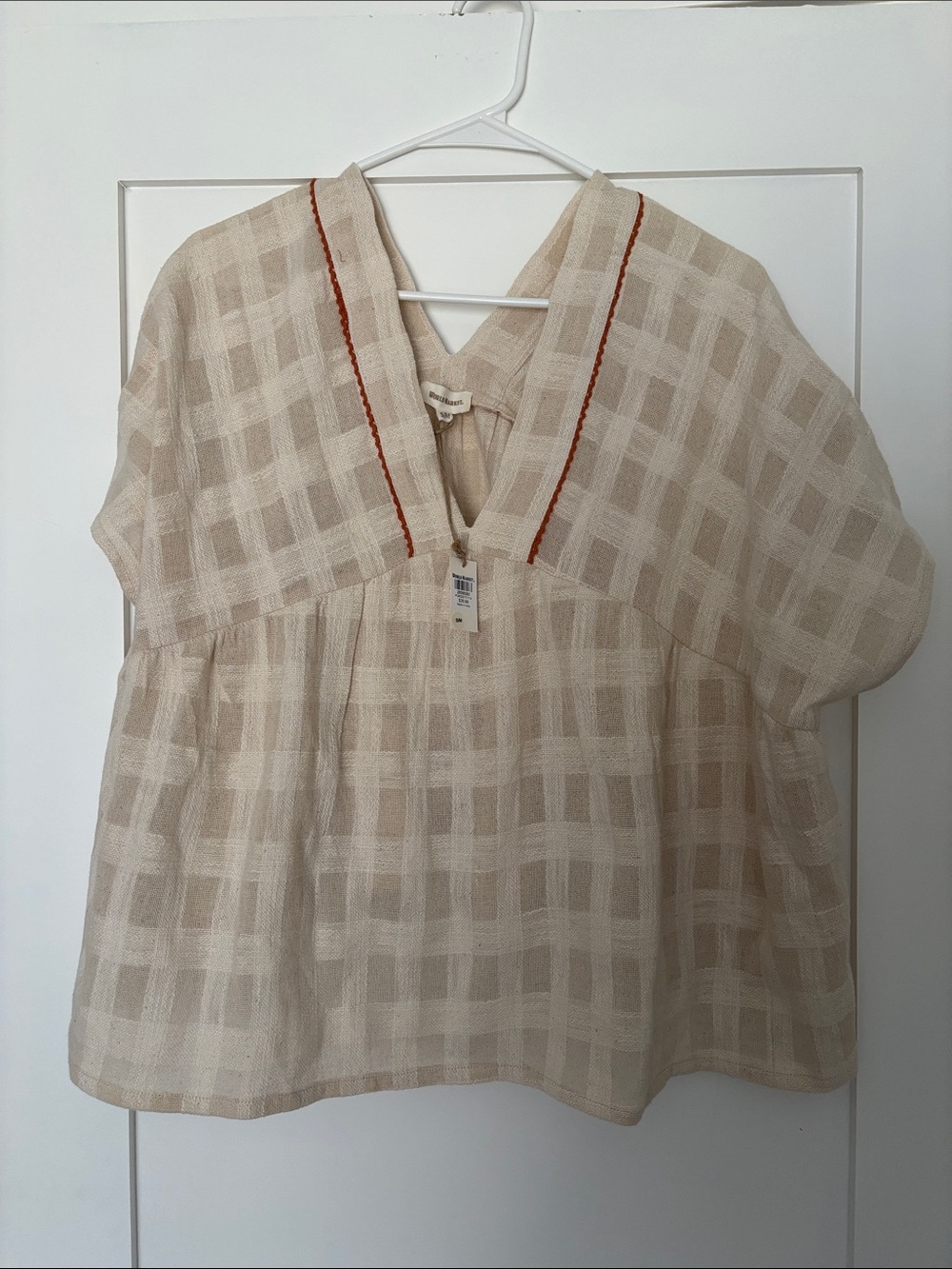 NWT World Market  COTTON Women’s Cream Plaid V-Neck Peasant Top